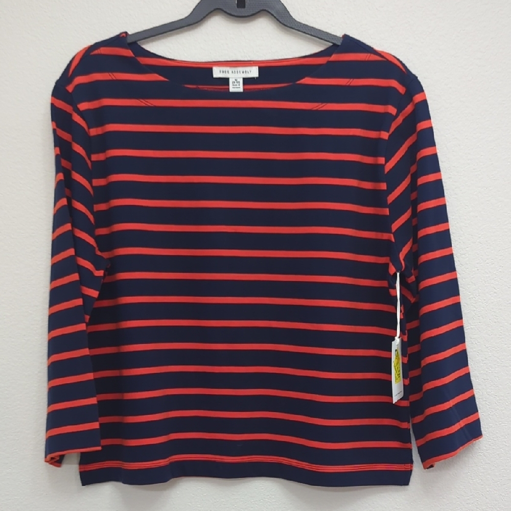 Free Assembly Women's Striped Long Sleeve Top - Navy and Red Medium 8/10